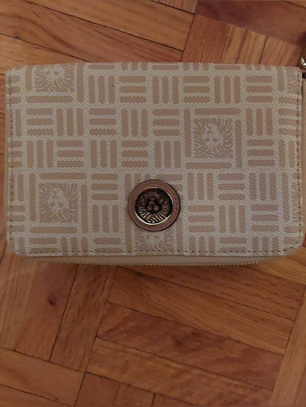 Anne Klein Beige Patterned Wristlet Wallet with Gold Accent